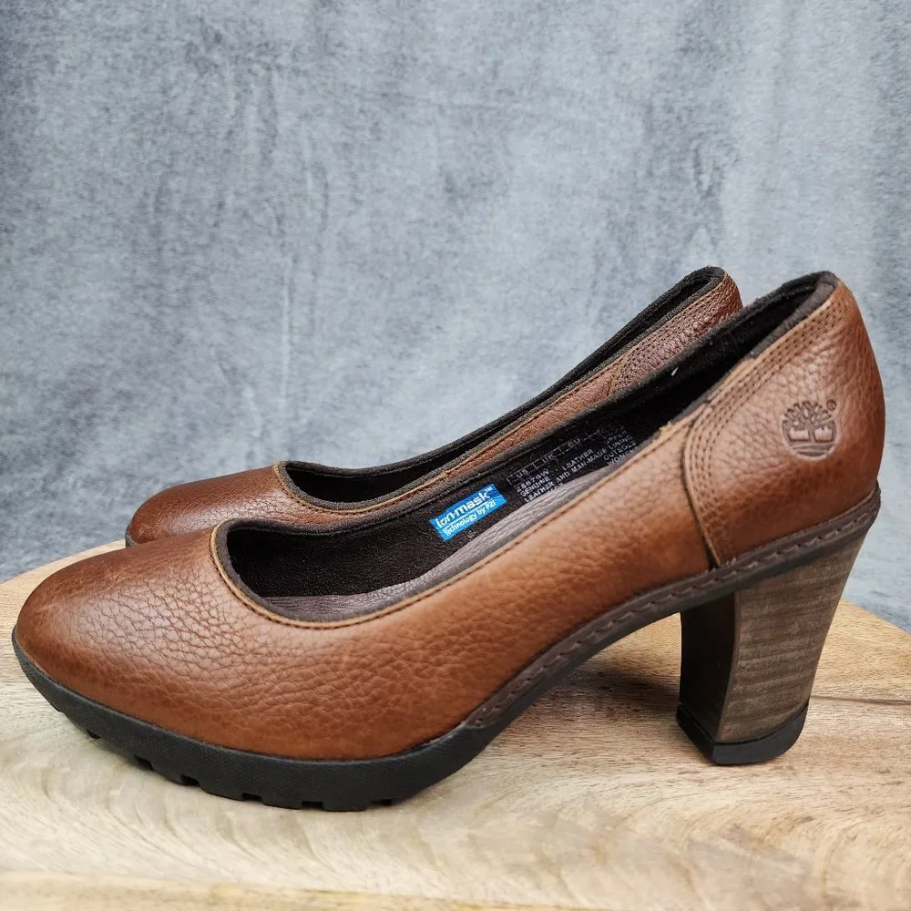 Timberland Pumps Women's 9.5 Wide Brown Leather Comfort Slip On Heels Shoes_3